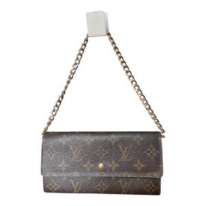 Vintage Louis Vuitton Monogram Long Wallet Bag Zip Coin Pouch Brown With Chain